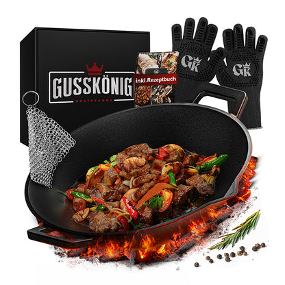 Gusskönig Gusseisen Wok Pfanne - 36 cm robuste Wokpfanne