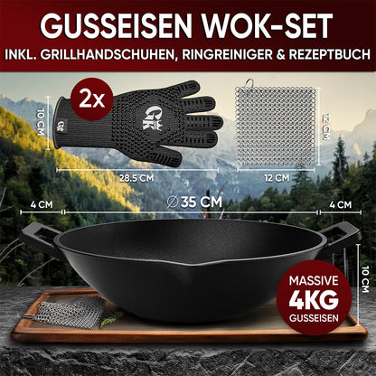 Gusskönig Gusseisen Wok Pfanne - 36 cm robuste Wokpfanne