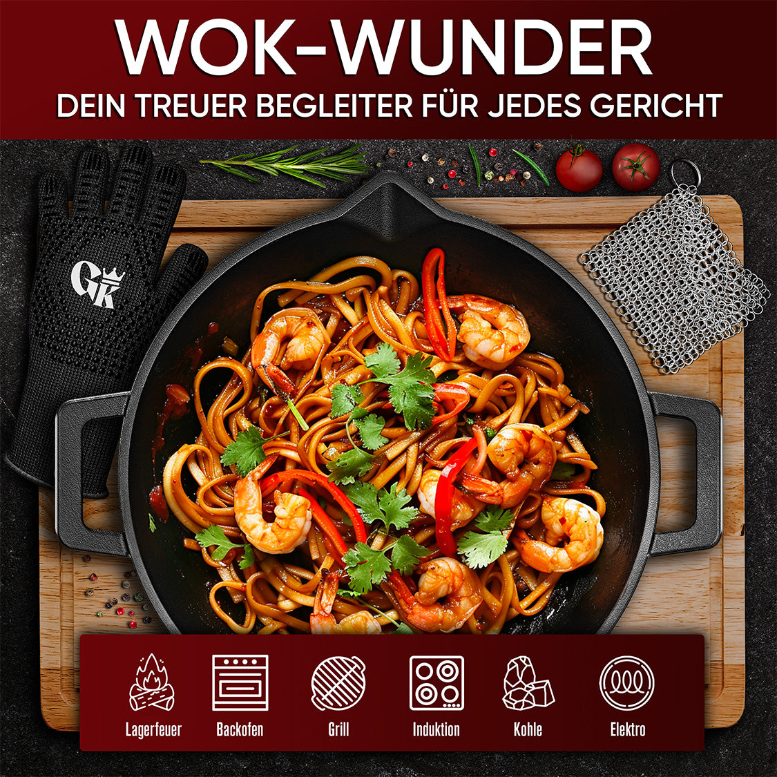 Gusskönig Gusseisen Wok Pfanne - 36 cm robuste Wokpfanne