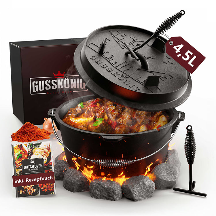 Gusskönig Dutch Oven Set 4.5L - Eingebrannter Feuertopf mit praktischem Deckelheber und Füßen