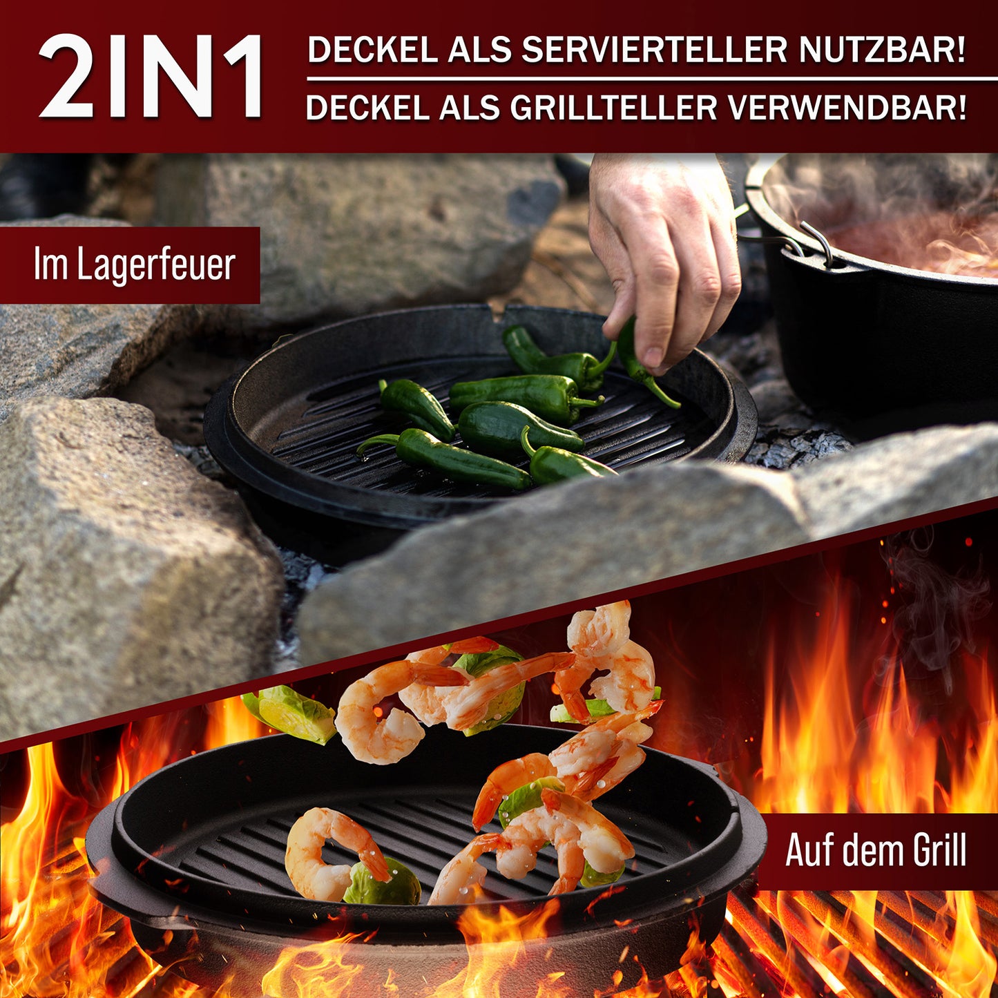 Gusskönig Dutch Oven Set 4.5L - Eingebrannter Feuertopf mit praktischem Deckelheber und Füßen