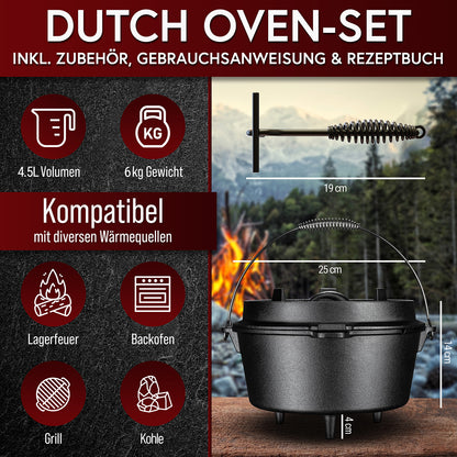 Gusskönig Dutch Oven Set 4.5L - Eingebrannter Feuertopf mit praktischem Deckelheber und Füßen